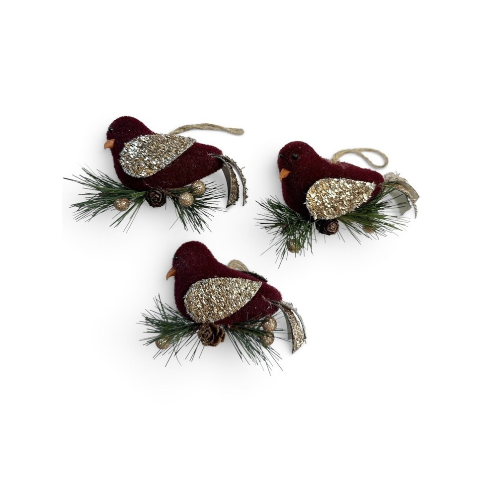 Winter Wonder Lane Burgundy Bird 3 Piece Ornament Set Gold Glitter Christmas - Picture 1 of 3